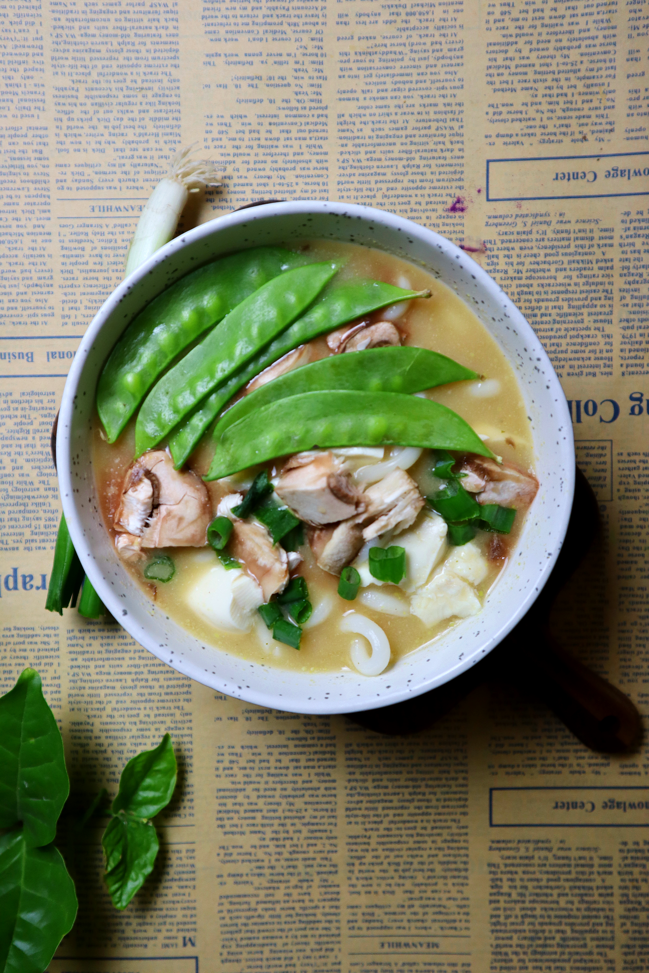 udon miso soup with mushrooms