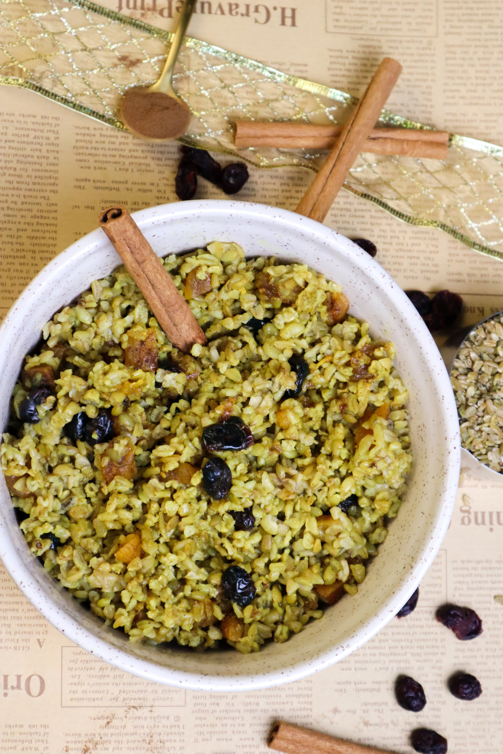 Warm Winter Farro Salad top view with a cinnamon stick